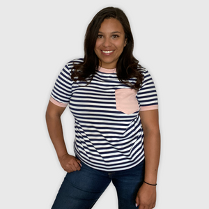 Stripes With Pink Pocket Short Sleeve